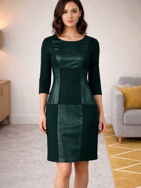 Dark Green Midi Sheath Dress with Satin Paneling